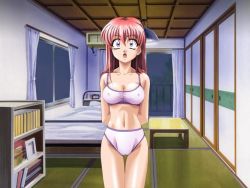 Rule 34 | 1girl, :o, aoi kyouka, arms behind back, bed, bookshelf, bra, breasts, cleavage, covered erect nipples, game cg, kagemichi, lingerie, long hair, meshimase idol, navel, night, open mouth, panties, purple eyes, red hair, solo, surprised, thigh gap, thighs, underwear, underwear only, window