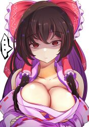 Rule 34 | ..., 1girl, alternate breast size, blush, breasts, brown hair, cleavage, closed mouth, hair ribbon, hair tubes, hakurei reimu, highres, kana (user rkuc4823), large breasts, looking at viewer, open clothes, red eyes, ribbon, sarashi, sidelocks, speech bubble, touhou, upper body