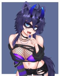 Rule 34 | 1girl, absurdres, ahoge, animal ears, belt collar, bent over, black collar, black panties, black shirt, black shorts, blue eyes, blue hair, bra, candy, collar, cropped shirt, domino mask, ear piercing, fishnet top, fishnets, food, highres, holding, holding candy, holding food, horns, indie virtual youtuber, lip piercing, lollipop, long tongue, looking at viewer, lthedeity, mask, midriff, navel, open fly, open mouth, panties, panty straps, piercing, purple bra, raccoon ears, raccoon girl, raccoon tail, shirt, short hair, short shorts, shorts, sidelocks, smile, snuffy (vtuber), snuffy (vtuber) (smilfy 2.0), solo, tail, tongue, tongue out, torn clothes, torn shirt, torn shorts, unbuttoned, underwear, virtual youtuber