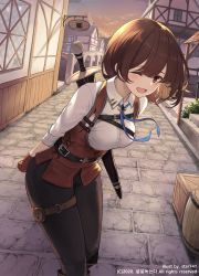 Rule 34 | 1girl, absurdres, alcohol, arms behind back, artist name, beer, black pants, blue ribbon, blush, breasts, brown eyes, brown gloves, brown hair, city, collared shirt, commentary request, copyright request, gloves, highres, huge filesize, large breasts, long hair, long sleeves, official art, one eye closed, open mouth, outdoors, pants, ribbon, shirt, sign, smile, solo, star741, sword, weapon, weapon on back, white shirt