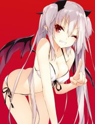 Rule 34 | 1girl, ass, bikini, butt crack, demon girl, demon wings, front-tie bikini top, front-tie top, grin, highres, index finger raised, long hair, looking at viewer, one eye closed, original, pointy ears, red background, saeki touma, side-tie bikini bottom, simple background, smile, solo, swimsuit, twintails, white hair, wings