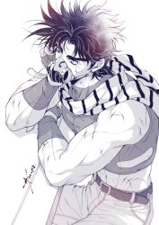 Rule 34 | 1boy, bare shoulders, battle tendency, fingerless gloves, gloves, hand on own cheek, hand on own face, head rest, highres, jojo no kimyou na bouken, joseph joestar, joseph joestar (young), male focus, mask, messy hair, midriff, monochrome, sashiyu, scarf, scratches, solo, striped clothes, striped scarf