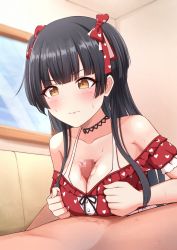 Rule 34 | 1boy, 1girl, bare shoulders, bikini, black hair, blunt bangs, blurry, blurry background, blush, bow, breasts, breasts squeezed together, brown eyes, censored, choker, cleavage, closed mouth, collarbone, commentary request, couch, fingernails, frilled bikini, frills, hair bow, halterneck, hands up, heart, heart choker, heart print, hetero, highres, idolmaster, idolmaster shiny colors, indoors, large breasts, layered bikini, long hair, looking at another, mayuzumi fuyuko, mosaic censoring, off-shoulder bikini, off shoulder, out of frame, paizuri, paizuri under clothes, penis, print bikini, print bow, red bikini, red bow, short sleeves, sidelocks, solo focus, sweat, swimsuit, two side up, upper body, warubo, wavy mouth