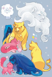 Rule 34 | animal, animalization, blue diamond (steven universe), cloak, closed eyes, closed mouth, covered eyes, cub, facing away, fenman, forehead jewel, grey background, hair over eyes, headpat, lion, looking at another, no humans, nuzzle, pink diamond (steven universe), reaching, sitting, standing, steven universe, white diamond (steven universe), yellow diamond (steven universe)