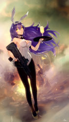 Rule 34 | 1girl, absurdres, animal ears, assault rifle, black pantyhose, blue hair, breasts, bullpup, commission, cup, detached collar, drinking glass, fake animal ears, fake tail, full body, girls&#039; frontline, gun, high heels, highres, holding, holding gun, holding tray, holding weapon, iwi tavor, large breasts, leotard, long hair, mineta naoki, official alternate costume, pantyhose, pixiv commission, playboy bunny, rabbit ears, rabbit tail, rifle, solo, standing, strapless, strapless leotard, tail, tar-21 (girls&#039; frontline), tar-21 (night at the bar) (girls&#039; frontline), tray, weapon, white footwear, white leotard, wrist cuffs, yellow eyes