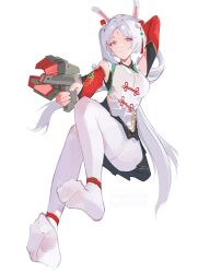 Rule 34 | 1girl, absurdres, aether gazer, animal ears, arm behind head, arm up, breasts, closed mouth, cmdr saturn, commentary, detached sleeves, dress, english commentary, full body, grey hair, gun, highres, holding, holding gun, holding weapon, long hair, looking at viewer, medium breasts, no shoes, ookuninushi (aether gazer), pantyhose, parted bangs, purple eyes, rabbit ears, simple background, solo, thighband pantyhose, weapon, white background, white dress, white pantyhose