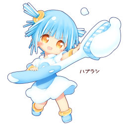 Rule 34 | 1girl, :d, aikei ake, blue footwear, blue hair, blush, brown eyes, chibi, dress, full body, hair ornament, highres, holding, open mouth, original, personification, shoes, short sleeves, simple background, smile, solo, standing, toothbrush, translation request, two side up, v-shaped eyebrows, white background, white dress