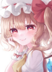 Rule 34 | 1girl, ascot, blonde hair, bloom, blush, bow, closed mouth, crystal, fang, fang out, fingernails, flandre scarlet, from side, hair between eyes, hair bow, hand on own cheek, hand on own face, hand up, hat, highres, looking at viewer, mob cap, naarsann, one side up, portrait, red bow, red eyes, red vest, short hair with long locks, sidelighting, simple background, smile, solo, touhou, upper body, vest, white background, wing collar, wings, wrist cuffs, yellow ascot