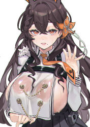 Rule 34 | 1girl, absurdres, animal ears, azur lane, black skirt, braid, breast curtains, breasts, brown hair, chain, chikuma (azur lane), collared shirt, dripping, flower, hair between eyes, hair flower, hair ornament, harness, highres, huge breasts, japanese clothes, large breasts, long hair, looking at viewer, mole, mole under mouth, necktie, orange eyes, orange necktie, pleated skirt, rabbit ears, see-through, shirt, sideboob, skirt, solo, upper body, waving arm, wet, wet clothes, white background, zhudouzi