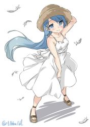 Rule 34 | 10s, 1girl, alternate costume, arm up, bad id, bad twitter id, bare arms, bare shoulders, blue eyes, blue hair, blush, breasts, brown footwear, closed mouth, collarbone, dress, dress tug, ebifurya, eyebrows, feathers, full body, hat, highres, inactive account, kantai collection, legs apart, long hair, looking at viewer, matching hair/eyes, ribbon, samidare (kancolle), shadow, shoes, simple background, sleeveless, small breasts, smile, solo, standing, straw hat, swept bangs, twitter username, white background, white dress, white ribbon