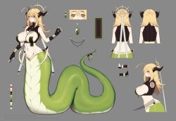 Rule 34 | 1girl, black gloves, blonde hair, blush, bracelet, breasts, brown nails, character sheet, closed mouth, color guide, commentary, english commentary, fingerless gloves, fingernails, gloves, green eyes, halo, hands up, highres, horns, jewelry, lamia, large breasts, long hair, looking at viewer, maebari, monster girl, multiple views, nail polish, navel, ofuda, ofuda on nipples, original, pasties, slit pupils, snek (terupancake), standing, terupancake
