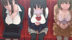 Rule 34 | 3girls, bag, black eyes, black hair, bow, bowtie, breasts, brown hair, carrying, carrying under arm, cellphone, cleavage, closed eyes, crossed arms, female focus, handbag, highres, holding, holding phone, large breasts, legs, light brown hair, long hair, long sleeves, looking at viewer, mask, matching hair/eyes, mouth mask, multiple girls, nymphomatic city, original, phone, pov, red neckwear, school uniform, short hair, sitting, skirt, sleeping, surgical mask, thighhighs, thighs, touji (tj studio), train, train interior