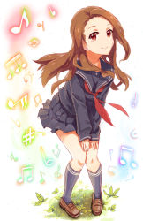 Rule 34 | 1girl, bad id, bad pixiv id, bass clef, beamed quavers, brown eyes, brown hair, flat sign, highres, idolmaster, idolmaster (classic), long hair, long sleeves, minase iori, musical note, nagakura (seven walkers), quaver, quaver rest, school uniform, sharp sign, sleeves past wrists, smile, solo, treble clef