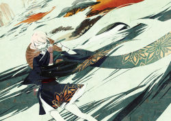 Rule 34 | 1girl, blonde hair, closed eyes, flute, gloves, hat, instrument, japanese clothes, mos, original, short hair, solo