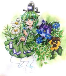Rule 34 | 1girl, andonkurage, bad id, bad pixiv id, blush, blush stickers, daisy, dress, flower, ghost tail, gradient background, green dress, green eyes, green hair, hat, highres, long sleeves, looking at viewer, matching hair/eyes, painting (medium), pansy, parted lips, short hair, soga no tojiko, solo, tate eboshi, touhou, traditional media, violet (flower), watercolor (medium)