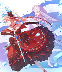 Rule 34 | 2girls, blonde hair, blunt bangs, boots, braid, breasts, butterfly hair ornament, cleavage, clothing cutout, crown braid, detached collar, dress, emilia (re:zero), floating hair, flower, from side, grey hair, hair flower, hair ornament, hair ribbon, highres, holding, holding sword, holding weapon, layered dress, long dress, long hair, long sleeves, multiple girls, off-shoulder dress, off shoulder, open mouth, outstretched arm, pointy ears, ponytail, priscilla barielle, purple ribbon, re:zero kara hajimeru isekai seikatsu, red dress, ribbon, risui ao, running, shoulder cutout, sleeves past wrists, small breasts, standing, sword, v-shaped eyebrows, very long hair, weapon, white flower, white footwear, white legwear