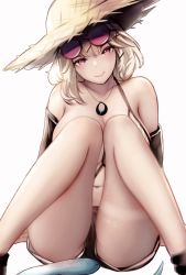Rule 34 | 1girl, absurdres, arknights, bare shoulders, black shorts, commentary, eyewear on head, feet out of frame, hat, head tilt, highres, knees up, laozhanshi, navel, off shoulder, official alternate costume, pink eyes, resolution mismatch, revision, short hair, short shorts, shorts, silver hair, simple background, sitting, solo, source smaller, sun hat, sunglasses, swimsuit cover-up, tail, thighs, utage (arknights), utage (summer flowers) (arknights), white background