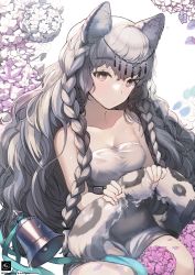 Rule 34 | 160mp, 1girl, absurdres, animal ear fluff, animal ears, arknights, bare shoulders, bell, blue flower, breasts, commentary request, dress, flower, grey eyes, head chain, highres, holding tail, jewelry, leopard ears, leopard tail, looking at viewer, partial commentary, pink flower, pramanix (arknights), silver hair, small breasts, solo, strapless, strapless dress, tail, white dress, wringing