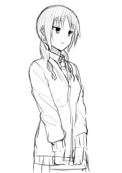 Rule 34 | 1girl, bad id, bad twitter id, collared shirt, greyscale, hair over shoulder, jacket, long hair, long sleeves, low twintails, monochrome, parted lips, seitokai yakuindomo, shirt, simple background, sketch, solo, standing, twintails, uomi, upper body, white background, yuki arare