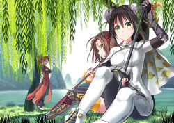 Rule 34 | 1boy, 2girls, arm guards, black gloves, black hair, black pants, bodysuit, breasts, brown hair, bun cover, cape, changpao, china dress, chinese clothes, closed mouth, cloud print, coconat summer, day, double bun, dress, facial mark, fate/grand order, fate (series), fingerless gloves, fishnet pantyhose, fishnets, forehead mark, gloves, green eyes, hair bun, hair ornament, hair scrunchie, holding, holding weapon, knee up, knees up, li shuwen (fate), li shuwen (fate/grand order), li shuwen (young) (fate), medium breasts, multiple girls, nezha (fate), outdoors, pants, pantyhose, profile, qin liangyu (fate), red hair, red scrunchie, river, scrunchie, sidelocks, sitting, skin tight, smile, standing, thighs, tree, twintails, weapon, white cape, yellow eyes