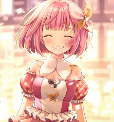 Rule 34 | 1girl, :d, ^ ^, asymmetrical sleeves, banned artist, bare shoulders, blurry, blurry background, blush, breasts, closed eyes, commentary request, confetti, depth of field, detached sleeves, facing viewer, frilled sleeves, frills, hair ornament, highres, medium breasts, mismatched sleeves, ootori emu, open mouth, pink hair, project sekai, puffy short sleeves, puffy sleeves, revision, short sleeves, smile, solo, yuuka nonoko