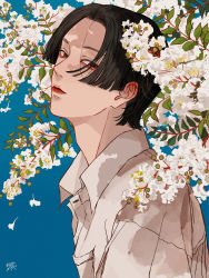 Rule 34 | 1boy, bishounen, black eyes, black hair, blue background, branch, breast pocket, closed mouth, collared shirt, commentary, dress shirt, flower, from side, highres, kagoya1219, leaf, looking at viewer, looking to the side, male focus, original, parted hair, partially unbuttoned, plant request, pocket, portrait, shirt, short hair, signature, solo, stray hair, upper body, white flower, white shirt