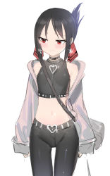 Rule 34 | 1girl, absurdres, alternate costume, belt, belt buckle, black choker, black hair, black pants, blush, breasts, buckle, choker, closed mouth, collarbone, commentary request, earrings, folded ponytail, hair ribbon, heart, heart earrings, highres, jacket, jewelry, kaguya-sama wa kokurasetai ~tensai-tachi no renai zunousen~, long sleeves, looking away, midriff, navel, open clothes, open jacket, pants, parted bangs, red eyes, red ribbon, ribbon, shinomiya kaguya, sidelocks, simple background, sketch, small breasts, solo, topu, white background, white jacket, zipper