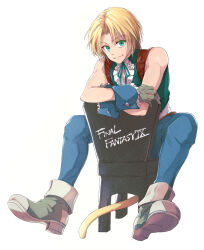Rule 34 | 1boy, blonde hair, blue pants, blue wrist cuffs, boots, bow, bowtie, commentary, copyright name, dress shirt, final fantasy, final fantasy ix, frilled shirt, frills, full body, gloves, green bow, green bowtie, green eyes, green ribbon, green vest, grey footwear, grey gloves, highres, leather belt, male focus, medium hair, monkey tail, on chair, pants, retrometro, ribbon, shirt, shoulder belt, sitting, sitting backwards, sleeveless, sleeveless shirt, smile, solo, tail, vest, white shirt, wrist cuffs, zidane tribal
