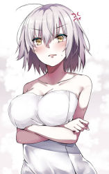 Rule 34 | 1girl, ahoge, anger vein, breasts, cleavage, collarbone, fate/grand order, fate (series), hair between eyes, highres, jeanne d&#039;arc (fate), jeanne d&#039;arc alter (avenger) (fate), jeanne d&#039;arc alter (fate), large breasts, looking at viewer, naked towel, open mouth, short hair, silver hair, simple background, solo, sweatdrop, towel, upper body, white background, white towel, yellow eyes, yuhito (ablbex)