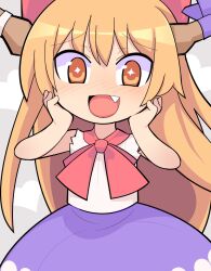 Rule 34 | 1girl, :d, blush, bow, bowtie, brown horns, commentary request, cookie (touhou), cowboy shot, fang, flat chest, hair bow, hands on own cheeks, hands on own face, horns, hospital king, ibuki suika, long hair, medium bangs, nose blush, open mouth, orange eyes, orange hair, purple skirt, red bow, red bowtie, shirt, skirt, sleeveless, sleeveless shirt, smile, sparkling eyes, touhou, very long hair, white shirt, yamin (cookie)
