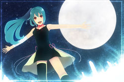 Rule 34 | 1girl, aqua hair, bare shoulders, bow, dress, moon, night, nimi, open mouth, ponytail, red eyes, sakimori (hououbds), single thighhigh, solo, thighhighs, vocaloid