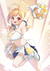 Rule 34 | 1girl, absurdres, ahoge, arm up, armlet, armpits, blonde hair, blue archive, blue skirt, blush, braid, breasts, cheerleader, cleavage, dot nose, foot out of frame, halo, highres, holding, holding pom poms, kotori (blue archive), kotori (cheer squad) (blue archive), large breasts, leg up, looking at viewer, millennium cheerleader outfit (blue archive), miniskirt, muffin top, nabe-san, navel, open mouth, pom pom (cheerleading), pom poms, red eyes, shoes, short twintails, skirt, sneakers, socks, solo, sweat, thighlet, triangle halo, twintails, white footwear, white socks, wing collar, yellow halo