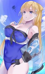 Rule 34 | 1girl, :o, absurdres, bare shoulders, black gloves, blonde hair, blue jacket, blue one-piece swimsuit, blue sky, breasts, calin, cloud, cloudy sky, collarbone, cosplay, covered erect nipples, covered navel, cowboy shot, day, double bun, fletcher (kancolle), gloves, hair bun, hair ornament, highres, jacket, johnston (kancolle), johnston (kancolle) (cosplay), kantai collection, large breasts, long hair, long sleeves, looking at viewer, ocean, one-piece swimsuit, open mouth, outdoors, purple eyes, school swimsuit, sky, spoken squiggle, squiggle, star (symbol), star hair ornament, swimsuit, water