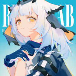 Rule 34 | 1girl, aqua background, arknights, blue gloves, dress, gloves, goggles, goggles around neck, hands up, indai (3330425), long hair, looking at viewer, owl ears, parted lips, portrait, ptilopsis (arknights), simple background, solo, white dress, white hair, yellow eyes