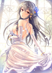Rule 34 | 1girl, ass, bare shoulders, black hair, blush, breasts, brown eyes, church, covered erect nipples, dress, earrings, elbow gloves, gloves, gold bracelet, gold earrings, hair ornament, hairclip, haruna (kancolle), headband, holding, holding clothes, holding dress, jewelry, kantai collection, large breasts, long hair, looking at viewer, looking back, panties, parted lips, purple panties, ryu-akt, see-through, sideboob, solo, thighhighs, underwear, wedding, wedding dress, white dress, white gloves, white headband, white thighhighs, window