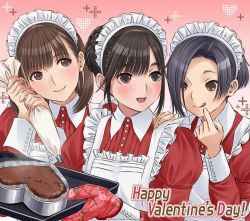 Rule 34 | 3girls, :q, alternate hairstyle, anegasaki nene, apron, artist request, baking sheet, black hair, braid, brown eyes, brown hair, buttons, cake pan, candy, chocolate, chocolate heart, english text, fingernails, food, frilled apron, frills, gradient background, hair over one eye, hand on another&#039;s shoulder, hands up, happy valentine, headdress, heart, holding, kobayakawa rinko, long sleeves, looking to the side, love plus, medium hair, mole, mole under eye, multiple girls, official art, open mouth, oven mitts, pastry bag, short hair, smile, takane manaka, tongue, tongue out, upper body, valentine, watermark, white apron