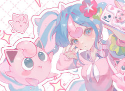 Rule 34 | 1girl, blue eyes, cardigan, cellphone, commentary, creatures (company), fairy miku (project voltage), flower, game freak, gen 1 pokemon, gyun 0508, hair flower, hair ornament, hatsune miku, jigglypuff, long hair, looking at viewer, multicolored hair, nail polish, nintendo, phone, pink cardigan, pink nails, pokemon, pokemon (creature), project voltage, scrunchie, selfie, twintails, two-tone hair, very long hair, vocaloid, wrist scrunchie