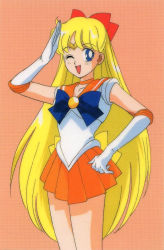 Rule 34 | 1990s (style), 1girl, aino minako, bishoujo senshi sailor moon, blonde hair, blue bow, blue eyes, bow, choker, cowboy shot, elbow gloves, feet out of frame, gloves, hair bow, leotard, long hair, looking at viewer, magical girl, miniskirt, official art, one eye closed, open mouth, orange background, orange choker, orange sailor collar, orange skirt, pleated skirt, retro artstyle, sailor collar, sailor venus, salute, scan, simple background, skirt, solo, tadano kazuko, tiara, very long hair