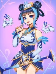 Rule 34 | 1girl, animal, animal on head, artist name, bare shoulders, black hair, blue eyes, blue hair, blunt bangs, breasts, cowboy shot, detached sleeves, double bun, dress, earrings, gradient background, hair bun, hair ornament, hair rings, highres, holding, jewelry, league of legends, long hair, lux (league of legends), medium hair, nanumn, official alternate costume, on head, parted lips, pink background, porcelain lux, rabbit, red lips, small breasts, smile, teeth