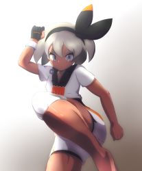 Rule 34 | 1girl, arm up, barefoot, bea (pokemon), black bodysuit, black hairband, bodysuit, bodysuit under clothes, bow, clenched hands, closed mouth, collared shirt, commentary request, creatures (company), dark-skinned female, dark skin, eyelashes, feet, game freak, gloves, grey eyes, grey hair, gym leader, hairband, highres, knee pads, leg lift, looking at viewer, medium hair, nintendo, pokemon, pokemon swsh, robert m, shiny skin, shirt, shorts, single glove, solo, two-tone gloves, white shirt, white shorts, wristband