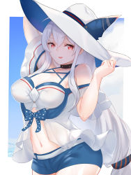 Rule 34 | 1girl, :d, adjusting clothes, adjusting headwear, arknights, arm behind head, bare shoulders, belt, black choker, blue shorts, breasts, choker, cleavage, collarbone, commentary request, cowboy shot, crop top, hair between eyes, hat, highres, lingshalan, long hair, looking at viewer, low-tied long hair, medium breasts, midriff, navel, off-shoulder shirt, off shoulder, official alternate costume, open mouth, red eyes, shirt, short shorts, shorts, silver hair, skadi (arknights), skadi (waverider) (arknights), smile, solo, stomach, sun hat, thighs, very long hair, white background, white belt, white hat, white shirt