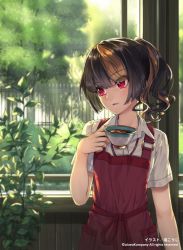 Rule 34 | 1girl, apron, arm at side, blush, brown hair, coffee, collared shirt, cup, day, drink, fence, holding, holding cup, indoors, looking to the side, original, parted lips, plant, ponytail, potted plant, red apron, red eyes, shio kouji (shiokojii), shirt, short hair, smile, tree, upper body, wavy hair, white shirt, window, wing collar