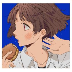 Rule 34 | 1girl, arms up, black shirt, black undershirt, blue background, blunt bangs, blush, border, braid, brown hair, collar, collared shirt, crown braid, dress shirt, food, hands up, holding, holding food, ice cream, ice cream sandwich, ivxxx, looking to the side, niijima makoto, open mouth, persona, persona 5, red eyes, shirt, short hair, simple background, snack, solo, sweat, sweatdrop, nervous sweating, teeth, turning head, white border, white shirt