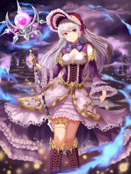 Rule 34 | 1girl, bonnet, boots, breasts, castle, cloud, dew (7302235), dress, frilled sleeves, frills, highres, holding, holding staff, knee boots, long hair, looking at viewer, medium breasts, original, outdoors, purple dress, purple theme, solo, staff, standing, thigh strap, white hair