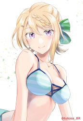 Rule 34 | 1girl, bikini, blonde hair, braid, braided bangs, braided bun, breasts, cleavage, commentary request, green bikini, hair bun, highres, kantai collection, large breasts, long hair, official alternate costume, perth (kancolle), purple eyes, simple background, solo, striped bikini, striped clothes, swimsuit, tsukasa (tukasa br), upper body, white background