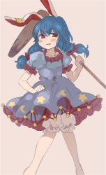 Rule 34 | 1girl, animal ears, bad id, bad twitter id, barefoot, blue dress, blue hair, dress, feet out of frame, grey background, hair ornament, hair scrunchie, highres, holding, kine, long hair, looking at viewer, mallet, parted lips, puffy short sleeves, puffy sleeves, rabbit ears, red eyes, scrunchie, seiran (touhou), short sleeves, simple background, smile, solo, touhou, tsukiori, twintails