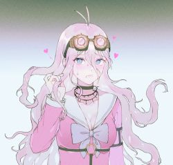 Rule 34 | 1girl, antenna hair, barbed wire, blonde hair, blue eyes, blush, bow, breasts, brown choker, choker, collarbone, commentary request, danganronpa (series), danganronpa v3: killing harmony, dinwoon, goggles, goggles on head, gradient background, hair between eyes, hand up, heart, highres, iruma miu, large breasts, long hair, long sleeves, messy hair, parted lips, pink bow, pink shirt, sailor collar, shirt, solo, sweat, teeth, upper body, white sailor collar