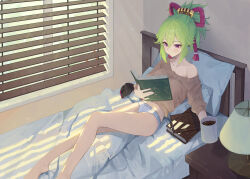 Rule 34 | 1boy, 1girl, arataki itto, bare legs, barefoot, bed, book, calvin klein, commentary request, cup, genshin impact, green hair, grey sweater, highres, holding, holding book, holding cup, indoors, kuki shinobu, long sleeves, mug, ningen gokko, no pants, off-shoulder sweater, off shoulder, panties, pillow, ponytail, short hair, single bare shoulder, solo focus, sweater, thighs, underwear, white panties, window blinds