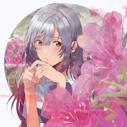 Rule 34 | 10s, 1girl, blue bow, blush, bow, brown eyes, day, flower, flower request, fly (marguerite), hair between eyes, irozuku sekai no ashita kara, jewelry, long hair, looking at viewer, outdoors, outside border, own hands together, pink flower, round image, school uniform, shirt, short sleeves, silver hair, solo, standing, tsukishiro hitomi, very long hair, white shirt