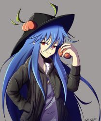 Rule 34 | 1girl, alternate costume, black headwear, black jacket, blue hair, closed mouth, food, fruit, grey background, hair between eyes, hand in pocket, highres, hinanawi tenshi, holding, holding food, holding fruit, ja moth, jacket, leaf, long hair, long sleeves, looking at viewer, peach, red eyes, shirt, simple background, solo, touhou, twitter username, upper body, v-shaped eyebrows, white shirt